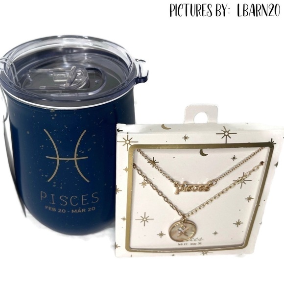 Astrology Pisces Cup Wine Sipper & Gold Necklace Pearl Name Script Navy Gift Set - Picture 2 of 11